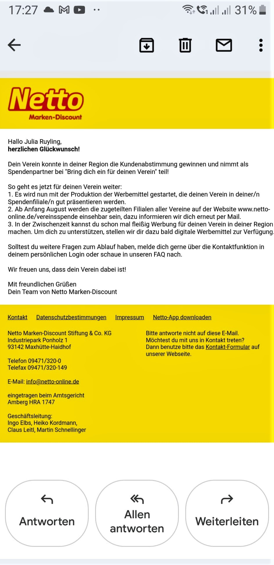 Read more about the article SC 18 bei NETTO im Wettbewerb “Bring Dich ein für Deinen Verein” dabei !!!!!