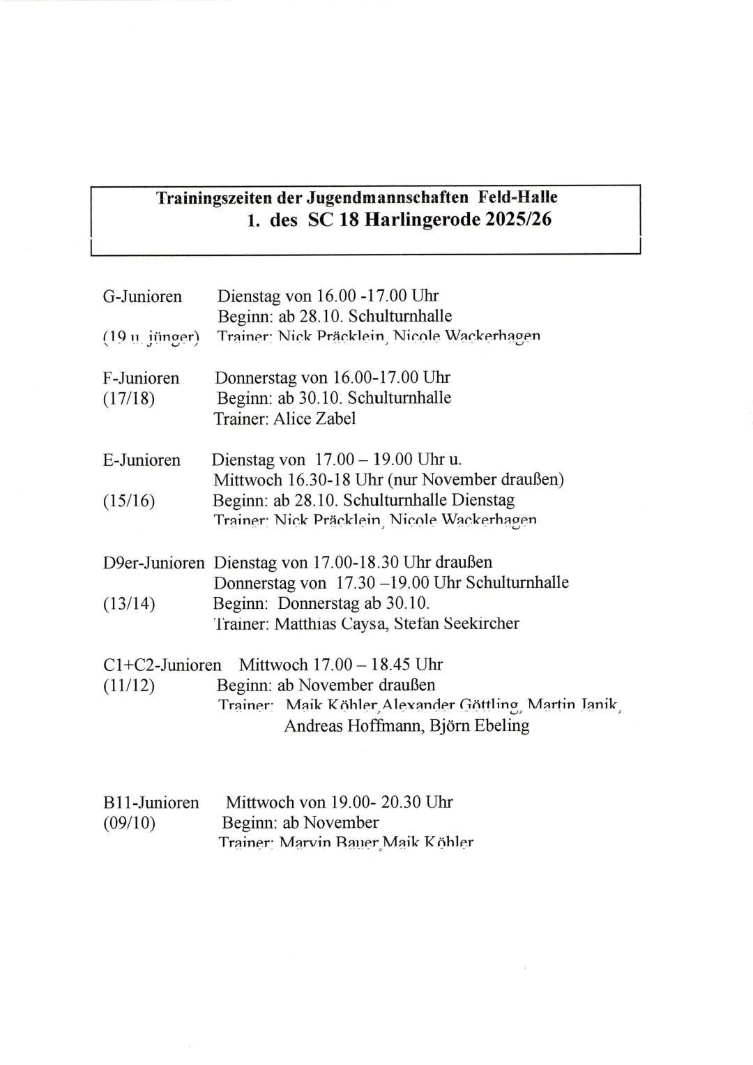 Read more about the article Neue Trainingszeiten der Jugendabteilung in der Wintersaison