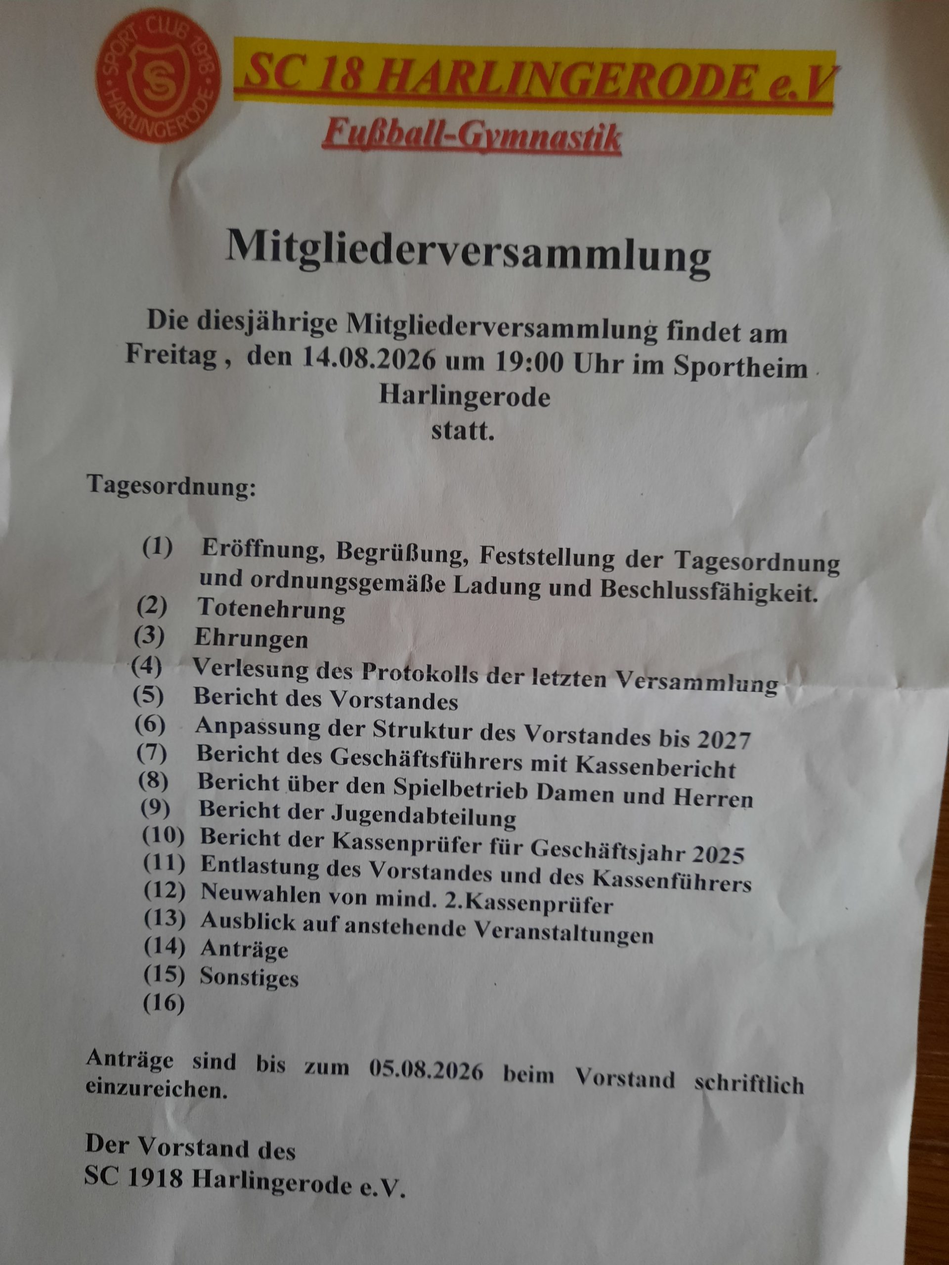 Mehr über den Artikel erfahren Mitgliederversammlung am 14.8.2026